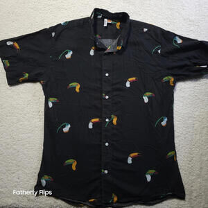 AMBSN Men's Button Up Short Sleeve Shirt XL Toucan Print 100% Cotton Black